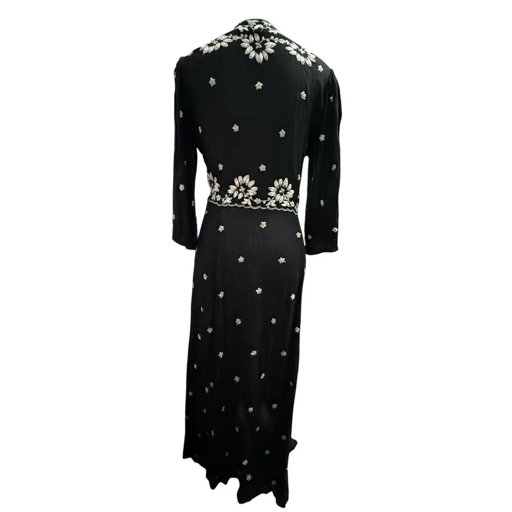 Free People Fable Embroidered V Neck Midi Dress Black White Size M Boho Whimsy